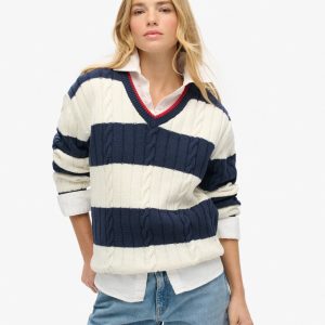 Stripe Oversized Cable V Neck Jumper