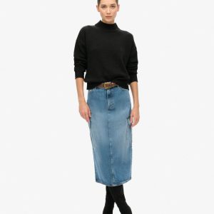 Denim Cargo Pocket Midi Skirt