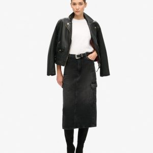 Denim Cargo Pocket Midi Skirt