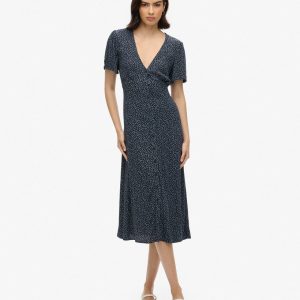 Printed Button-up Short Sleeve Midi Tea Dress