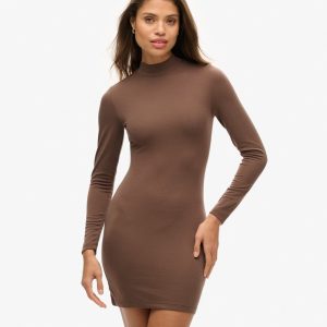 High Neck Long Sleeve Jersey Mini Dress