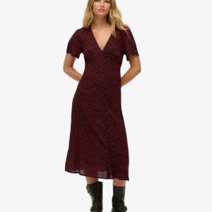 Printed Button-up Short Sleeve Midi Tea Dress