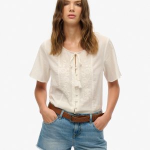 Short Sleeve Embroidered Button Top
