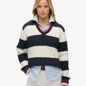 Stripe Oversized Cable V Neck Jumper