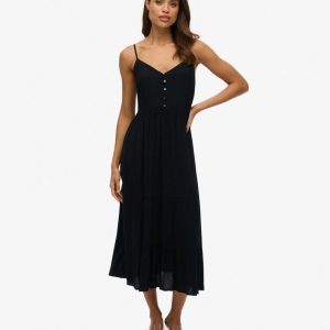 Half Button Tiered Midi Dress