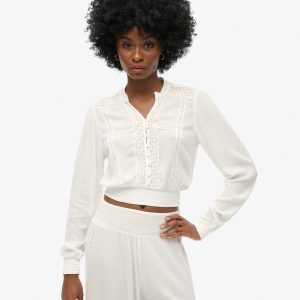 Long Sleeve Lace Trim Smocked Blouse