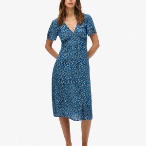 Printed Button-up Short Sleeve Midi Tea Dress